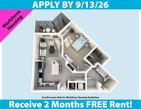 Floor plan for 1 bed, 1 bath, 770 sqft